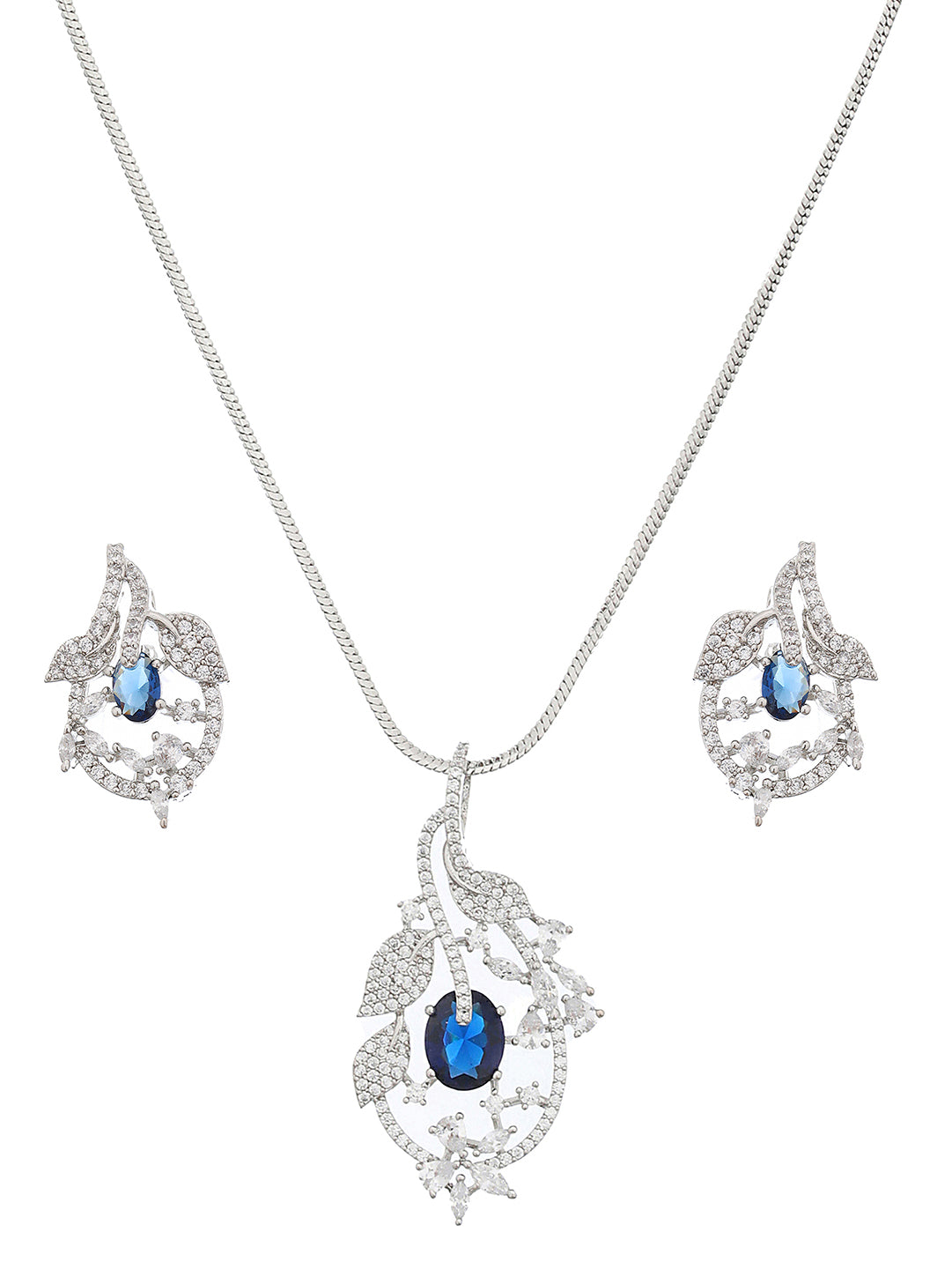Silver Plated Blue AD Studded Floral Designer Pendant Jewellery Set