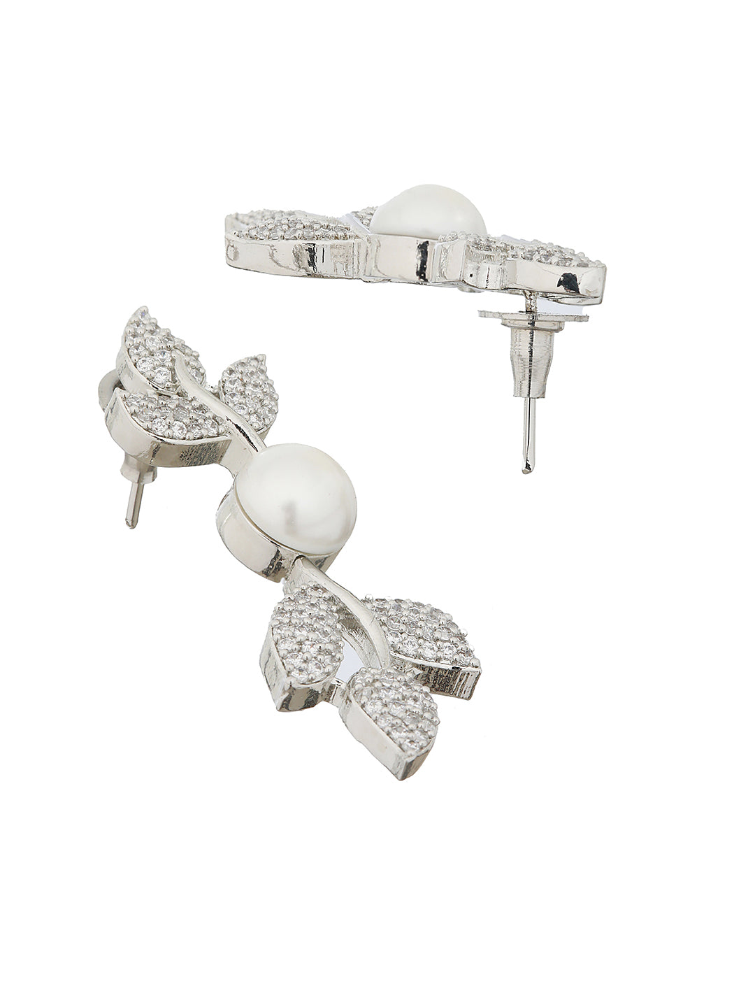 Silver Plated C Z Studded Pearl Floral Statement Jewellery Set