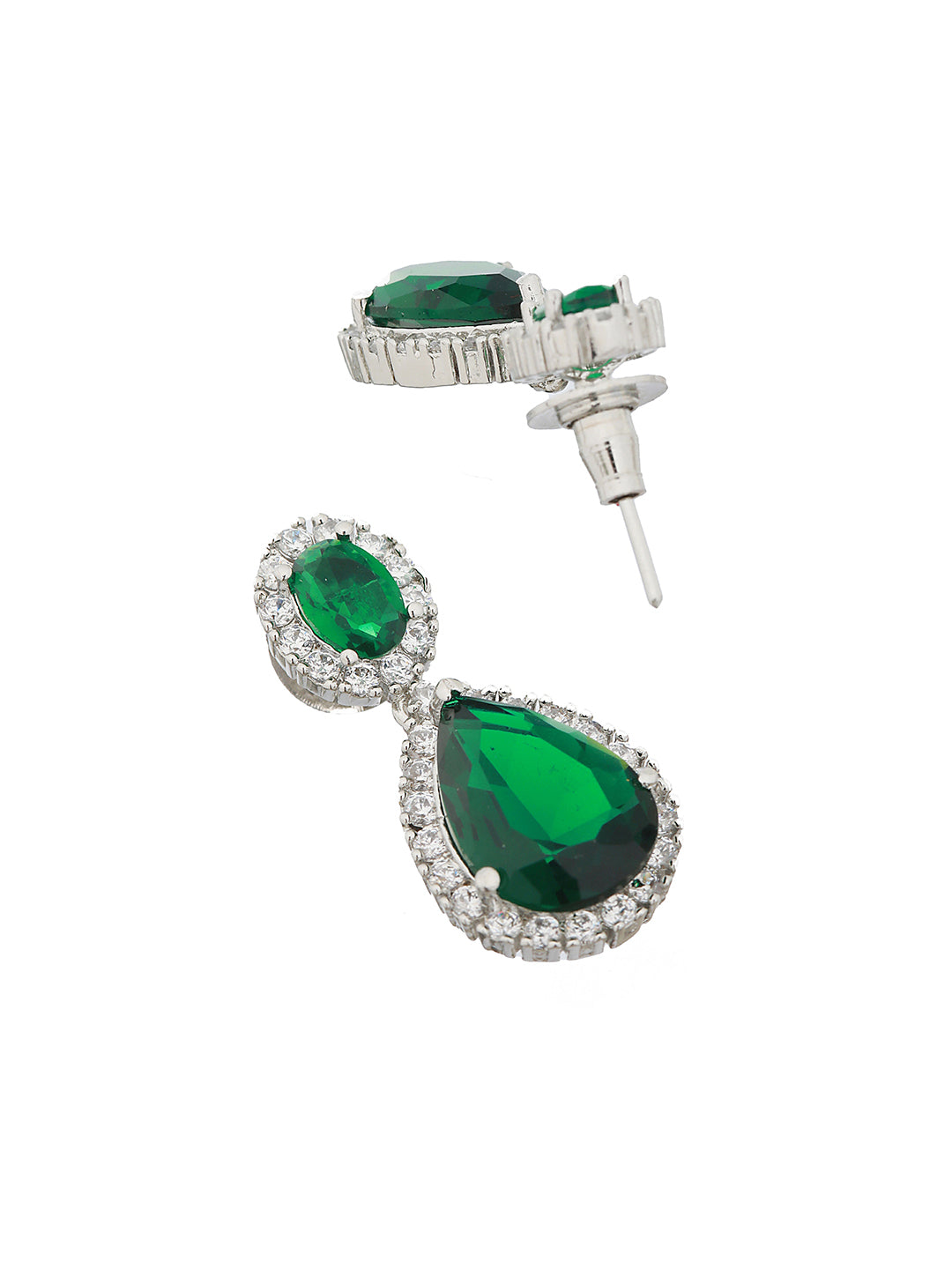 Rhodium Plated green CZ Studded Single Line Minimal Jewellery Set