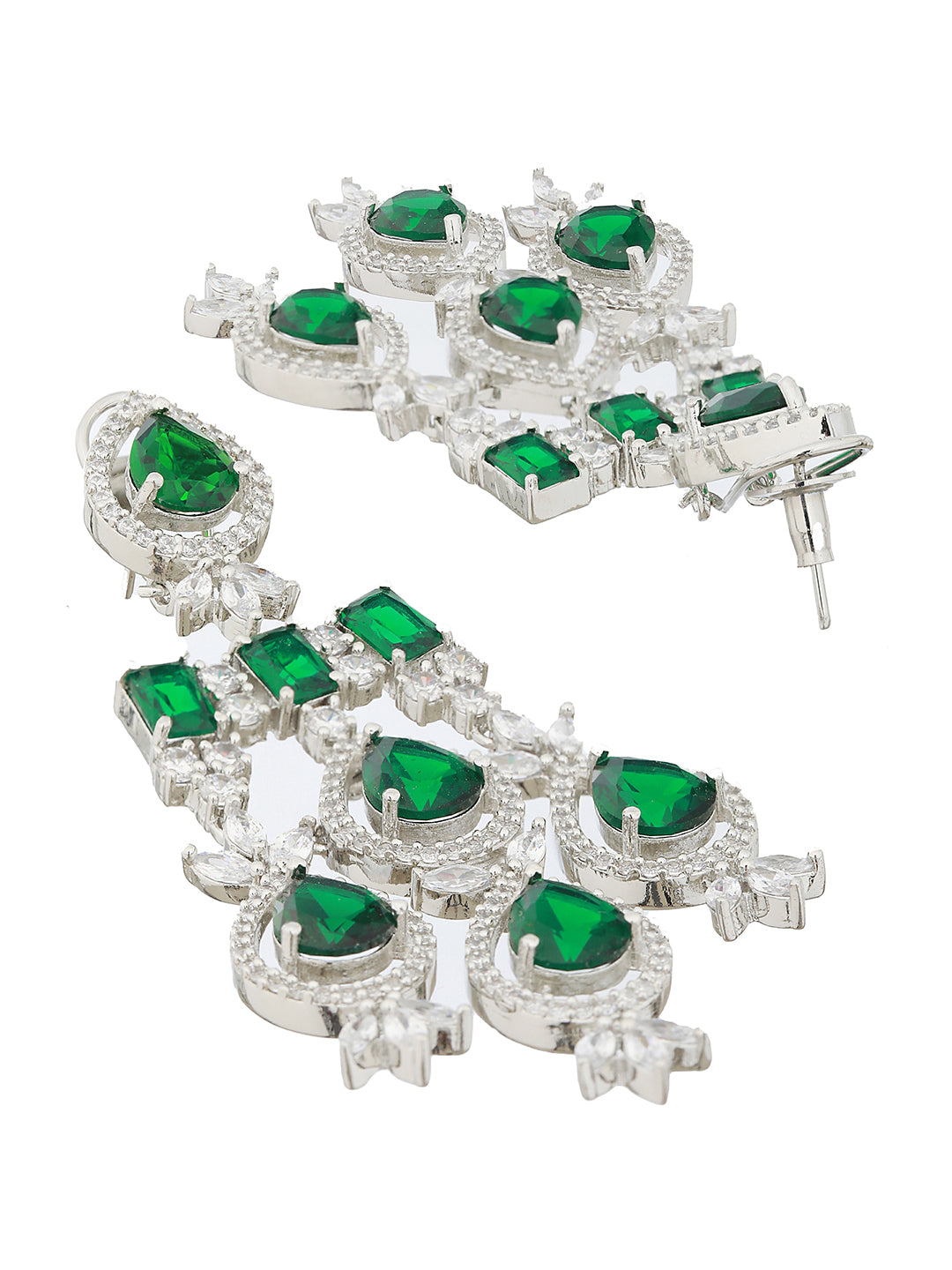 White Rhodium Silver Plated  Green CZ Stone Studded jewellery Set