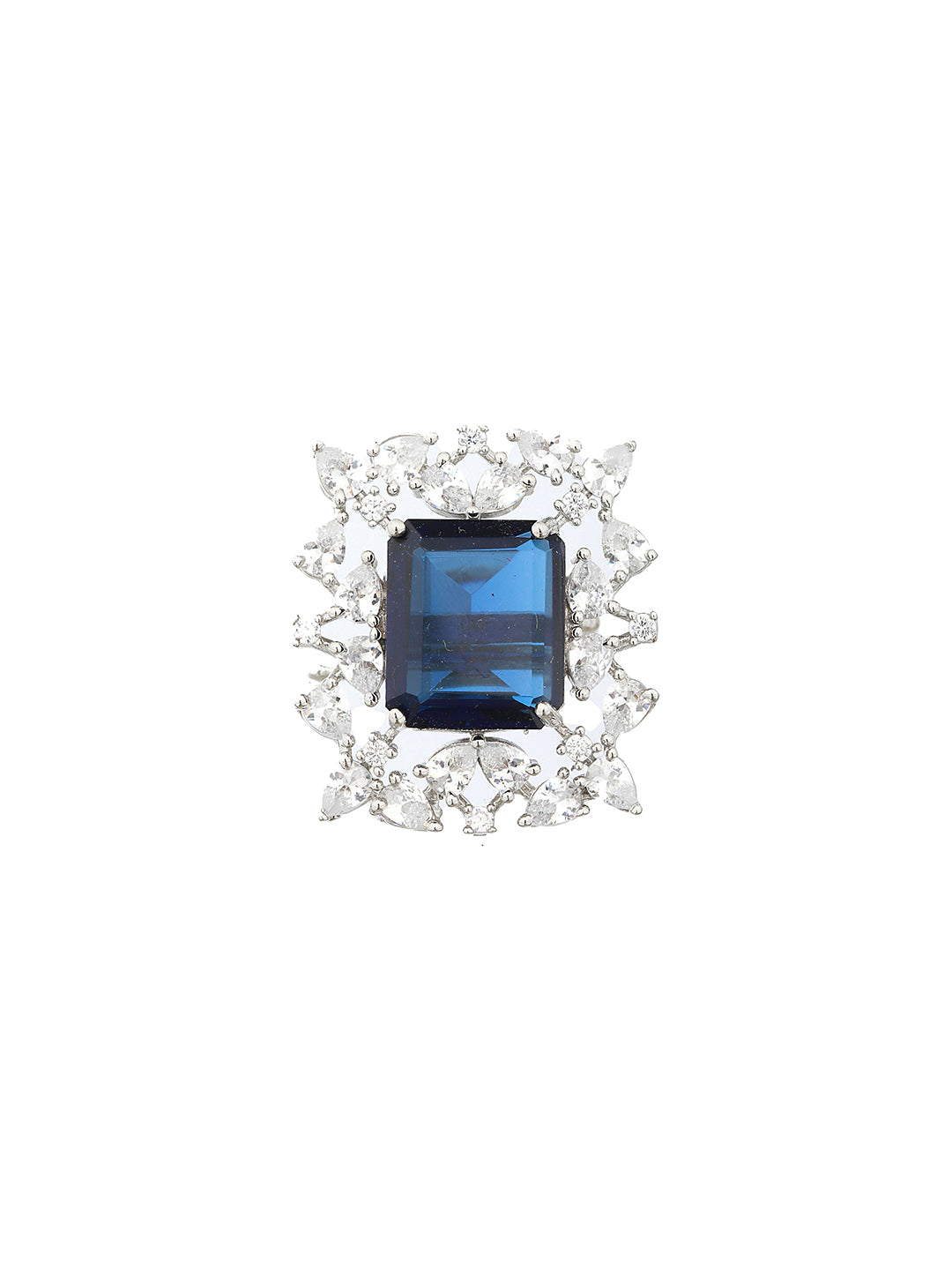 Silver Plated Blue CZ Studded Cocktail Designer Finger Ring