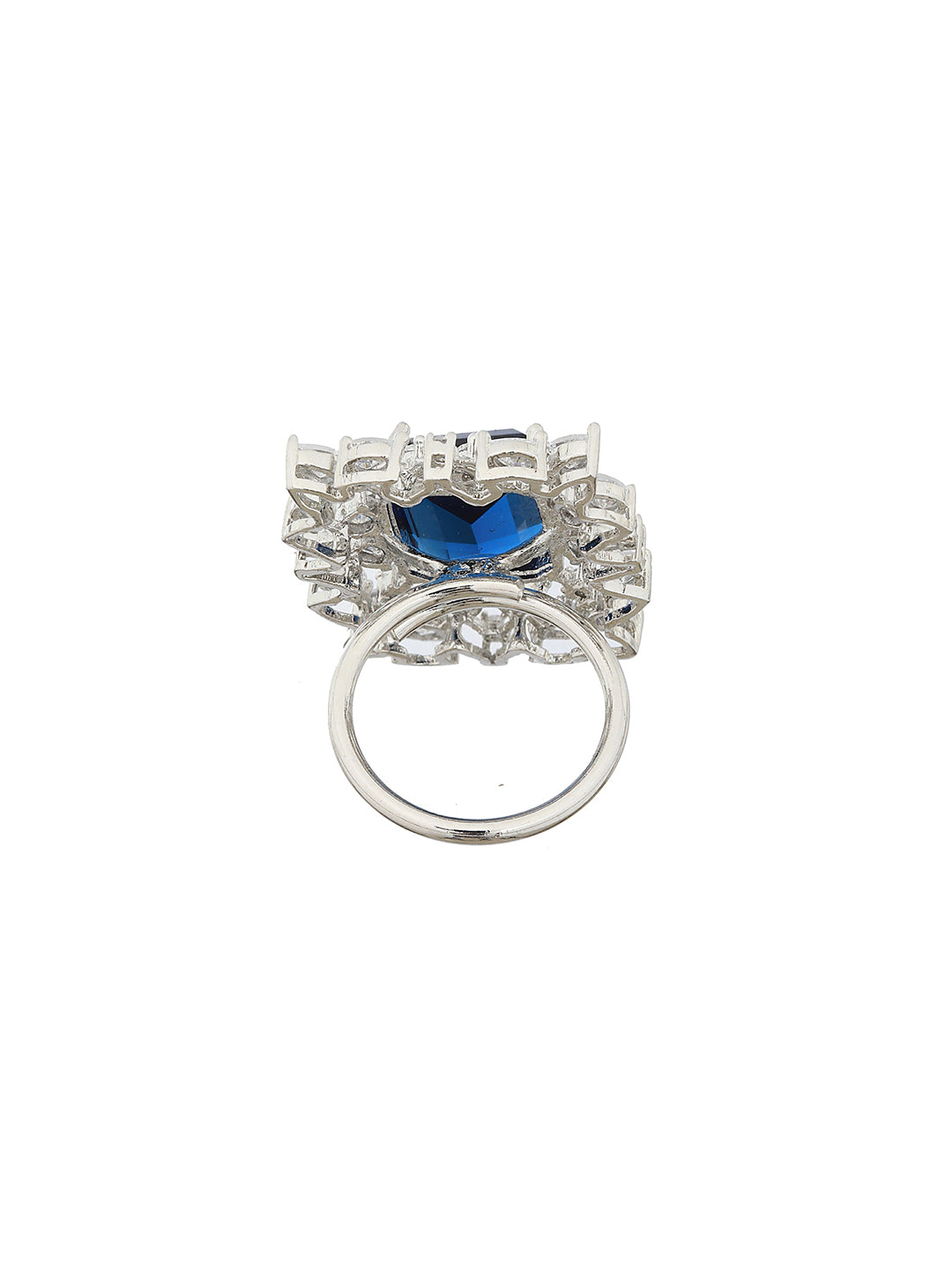 Silver Plated Blue CZ Studded Cocktail Designer Finger Ring