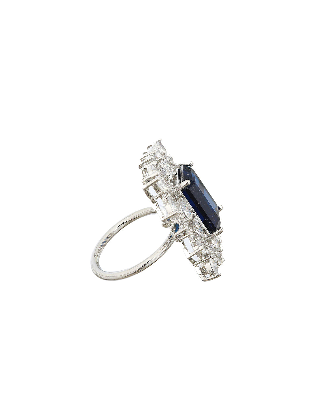 Silver Plated Blue CZ Studded Cocktail Designer Finger Ring