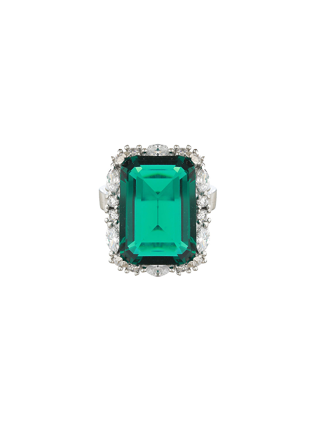 Silver Plated Green CZ Studded Cocktail Luxe Finger Ring