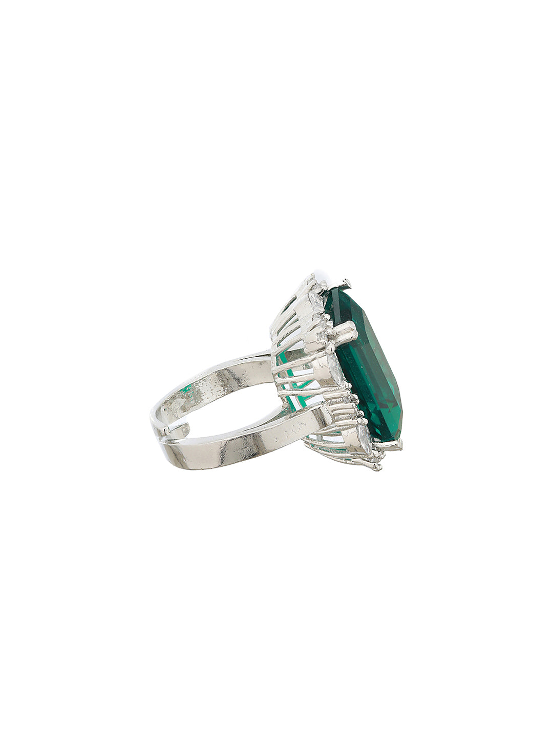 Silver Plated Green CZ Studded Cocktail Luxe Finger Ring