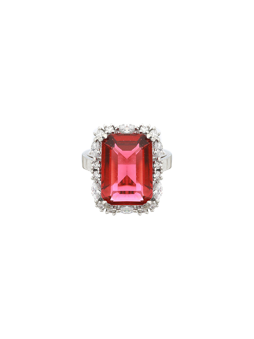 Silver Toned Red Ruby CZ Studded Cocktail Designer Finger Ring