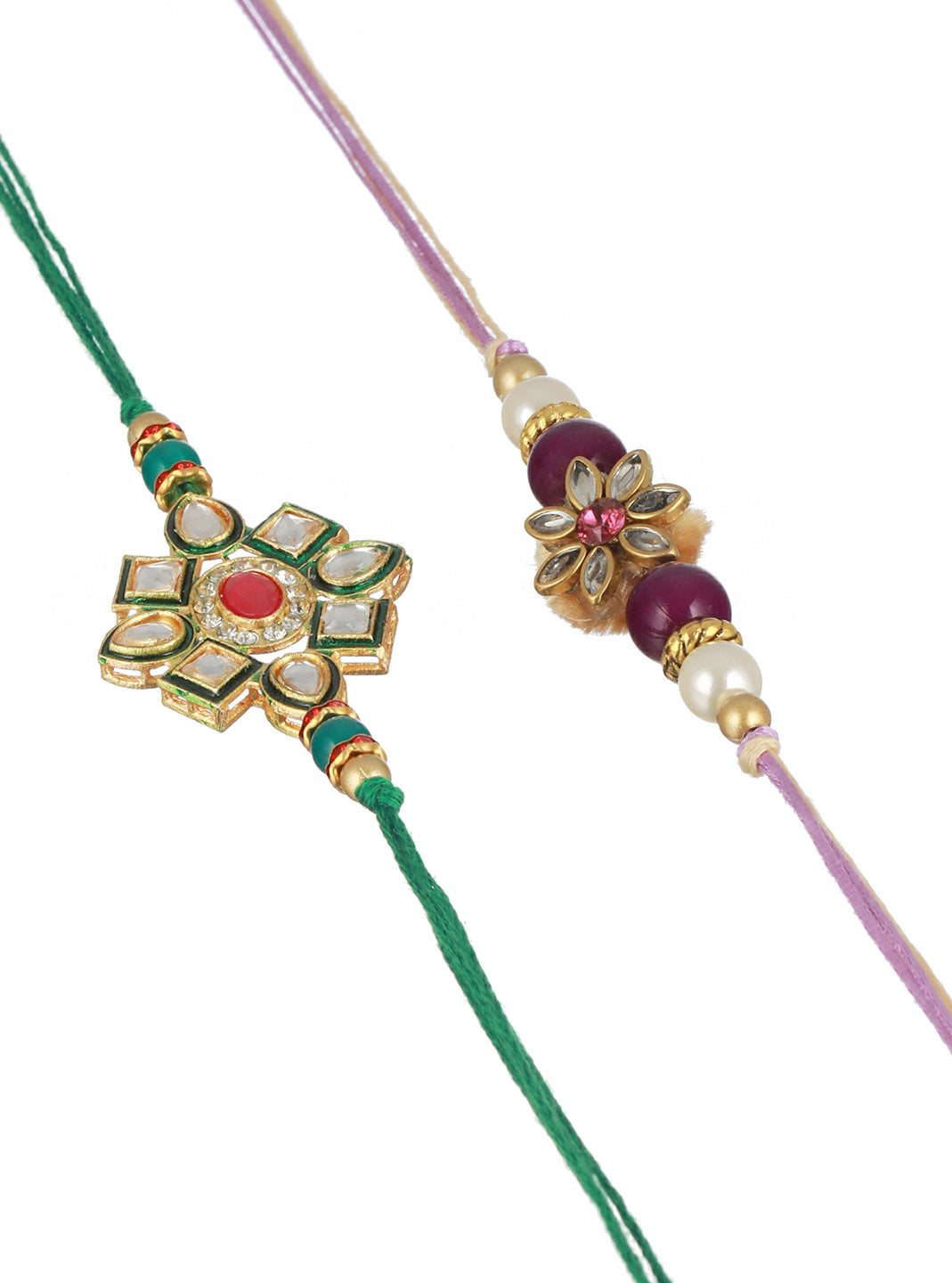 Set Of 2 Kundan & Pearl Beaded handcrafted Rakhi with Roli Chawal