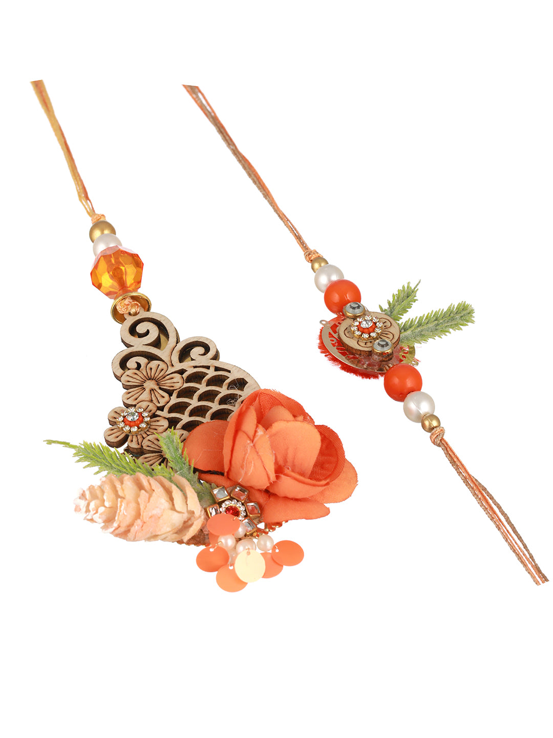 Orange Stones & pearl Beaded Handcrafted Lumba Rakhi Set With Roli Chawal
