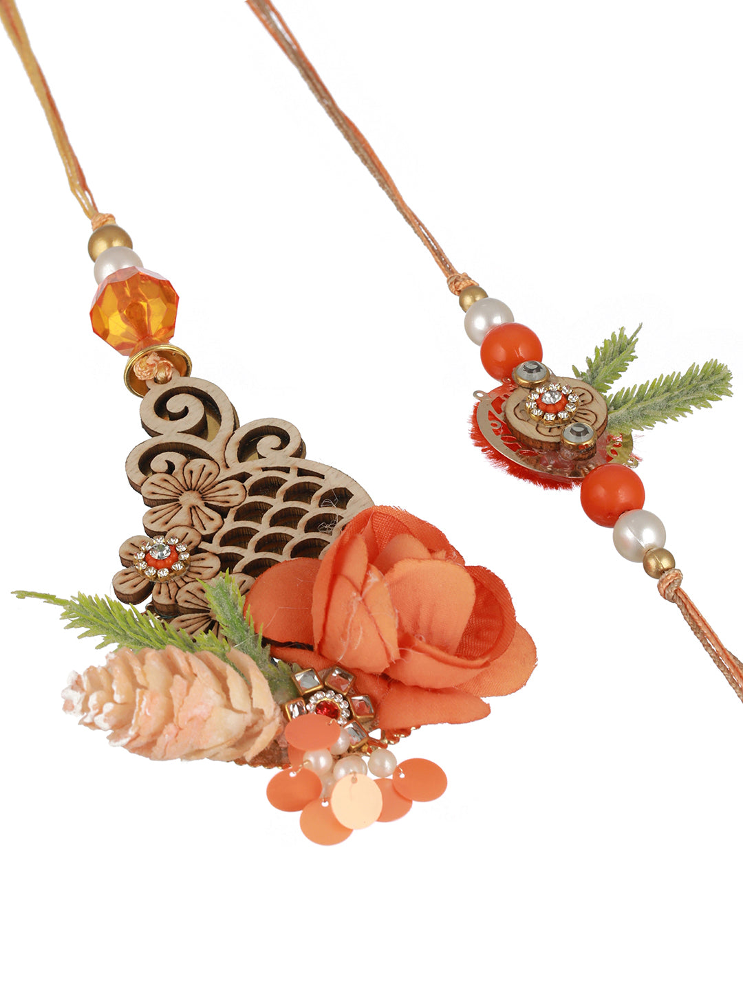 Orange Stones & pearl Beaded Handcrafted Lumba Rakhi Set With Roli Chawal