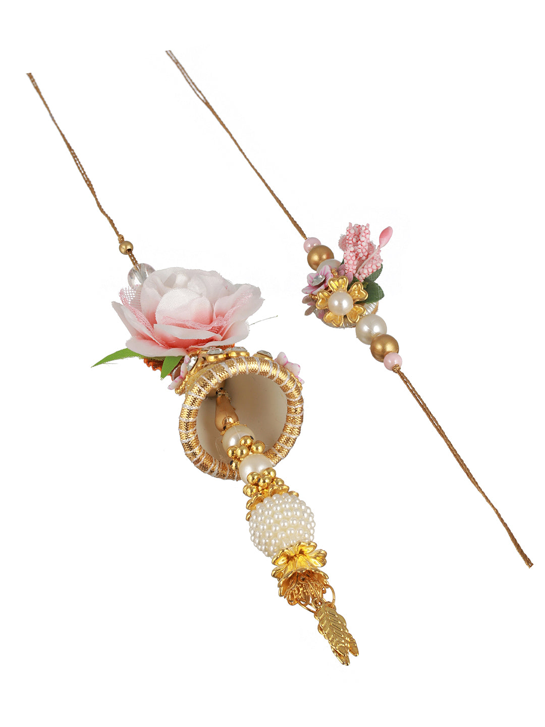 Set Of 2 Pink Flower & Pearl Beaded Handmade Rakhi Lumba Set