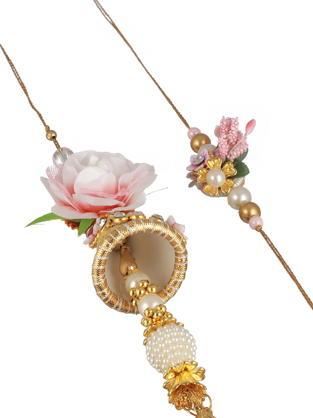 Set Of 2 Pink Flower & Pearl Beaded Handmade Rakhi Lumba Set