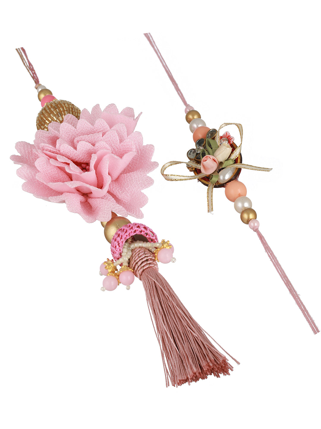 Pink Stones & Pearl Beaded Designer Handcrafted Rakhi Lumba Set