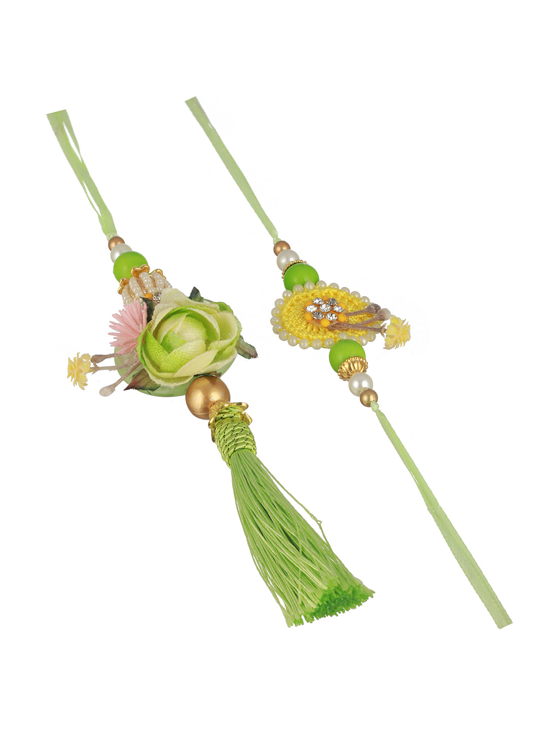 Green Stones & Pearl Beaded Handcrafted Rakhi Lumba Set with Roli Chawal