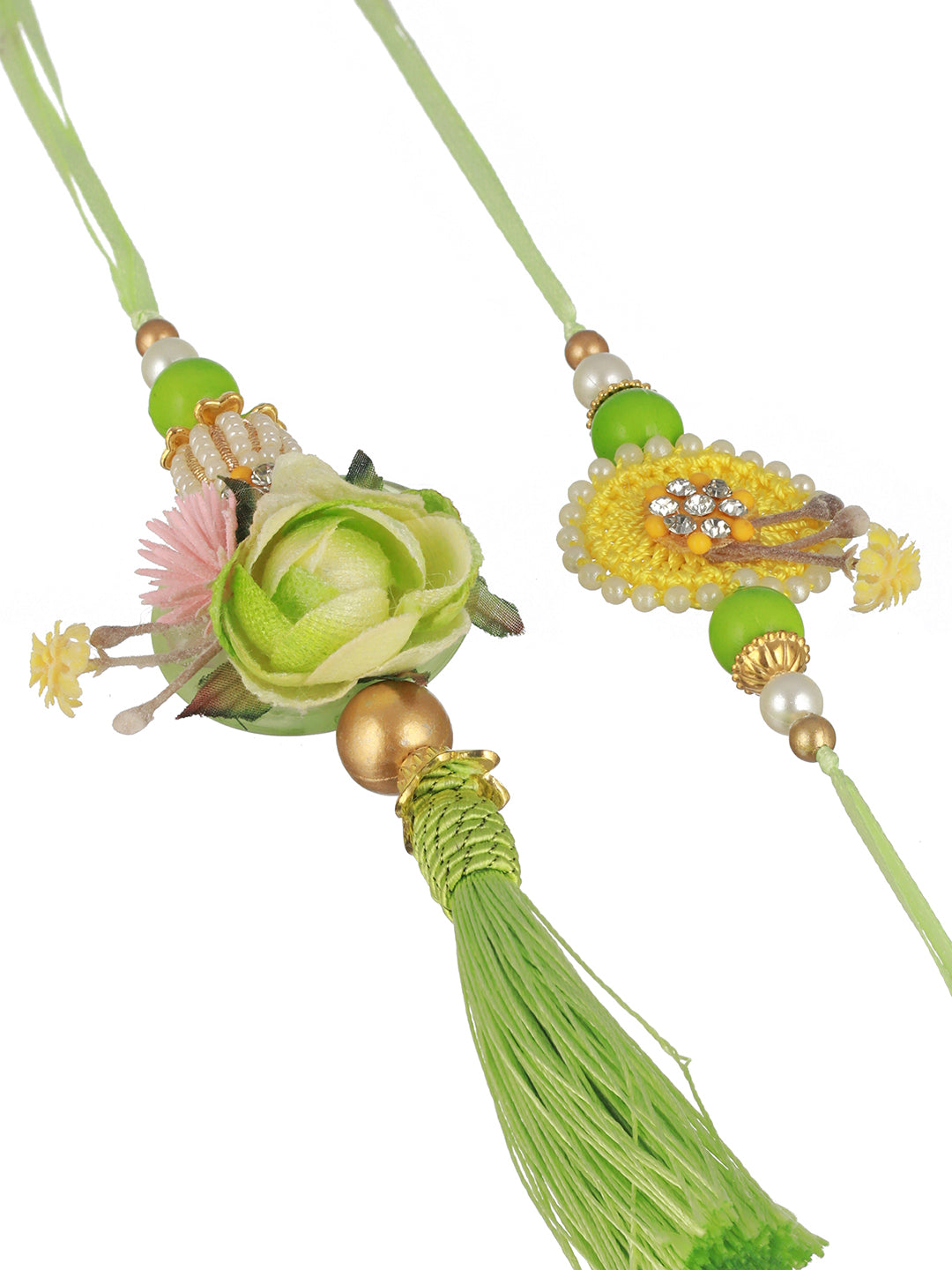Green Stones & Pearl Beaded Handcrafted Rakhi Lumba Set with Roli Chawal