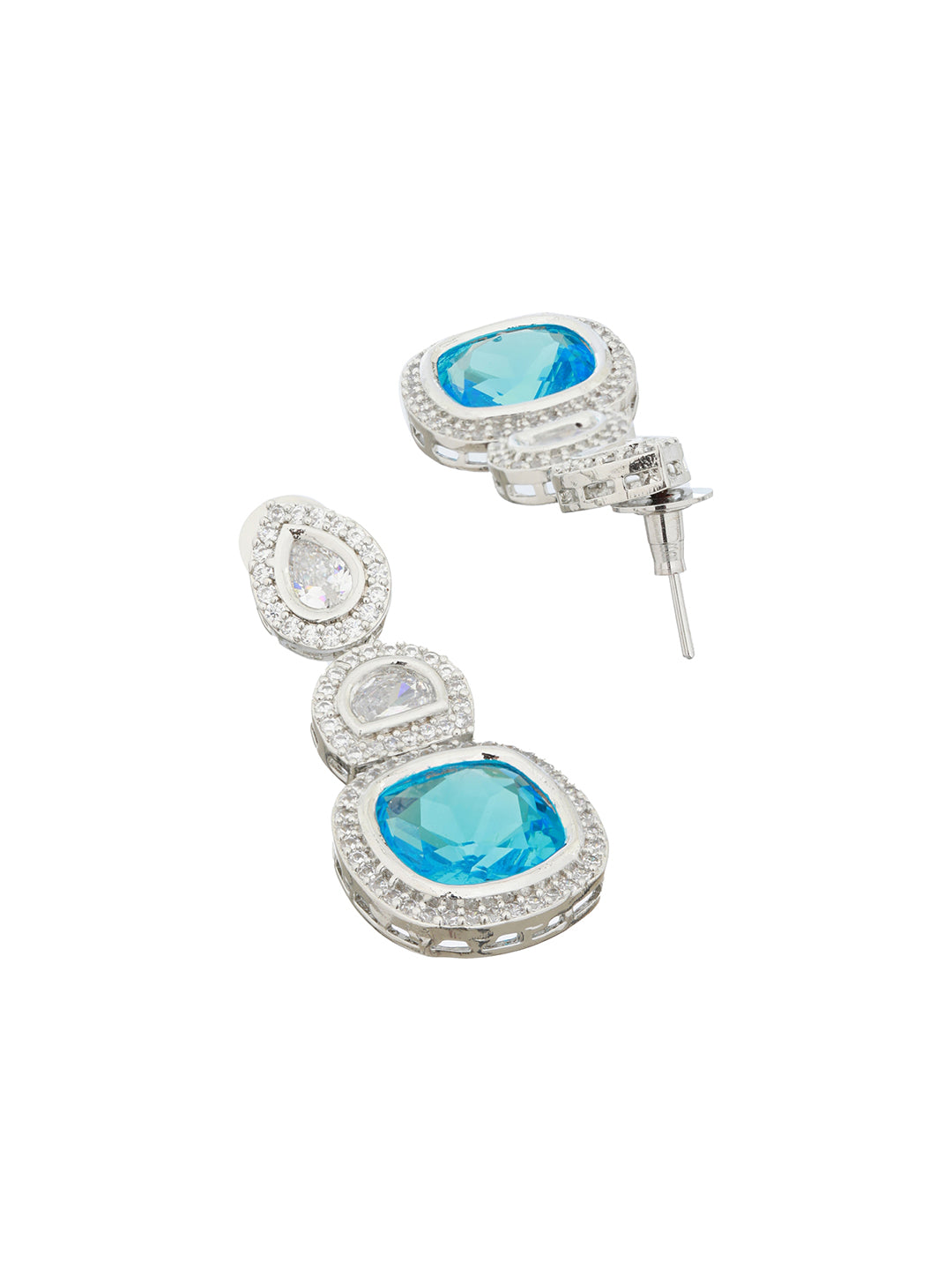 Silver Toned Blue Turquoise CZ Statement Drop earrings