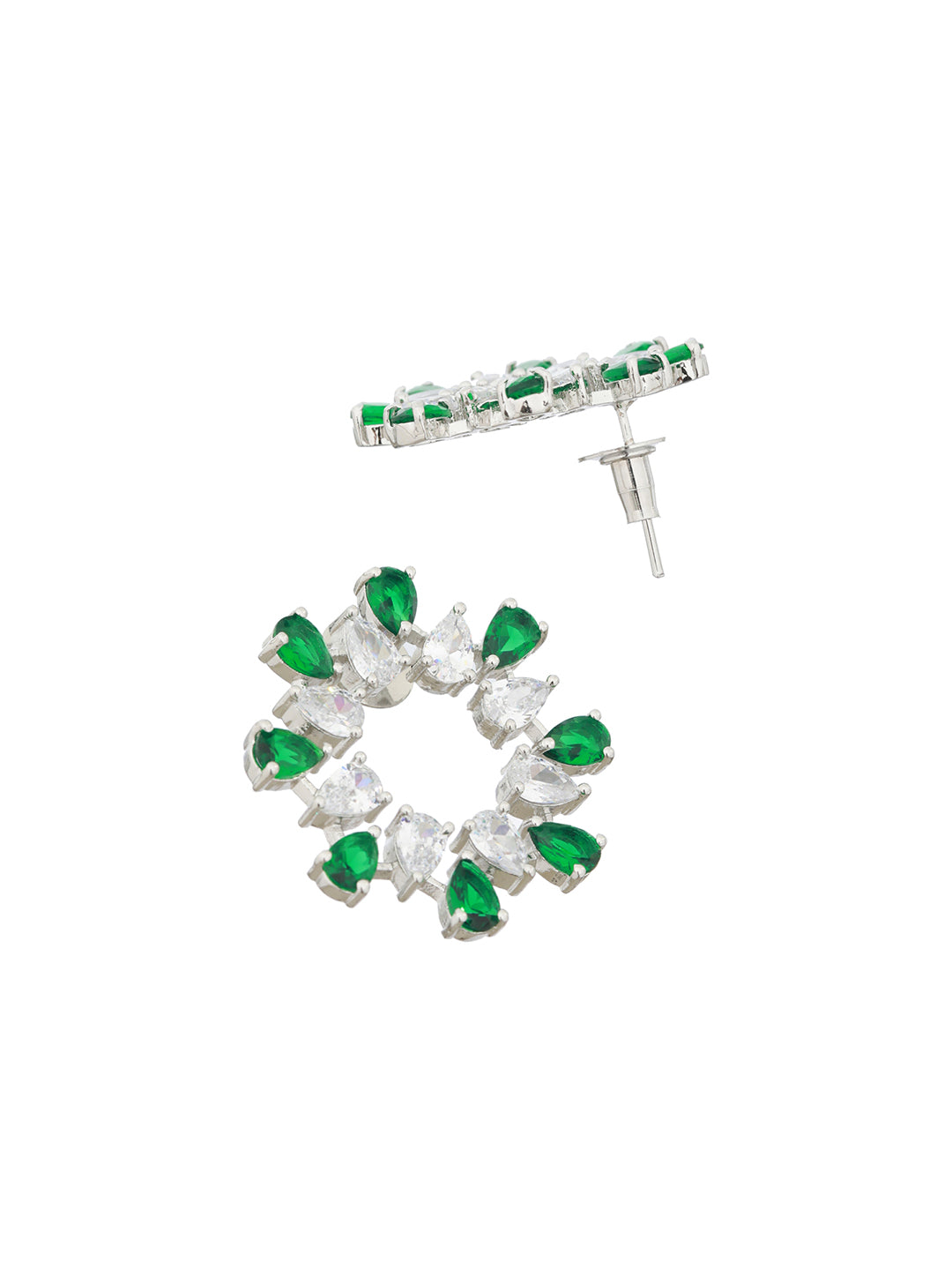 Silver Plated Green CZ Studded Minimal Hoops Earrings