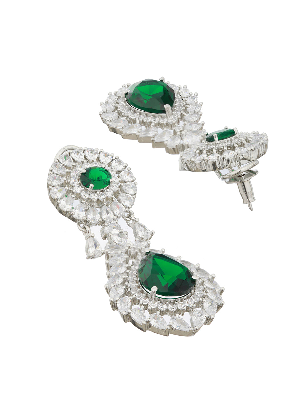 Silver Plated Green AD Studded Statement Drop Earrings