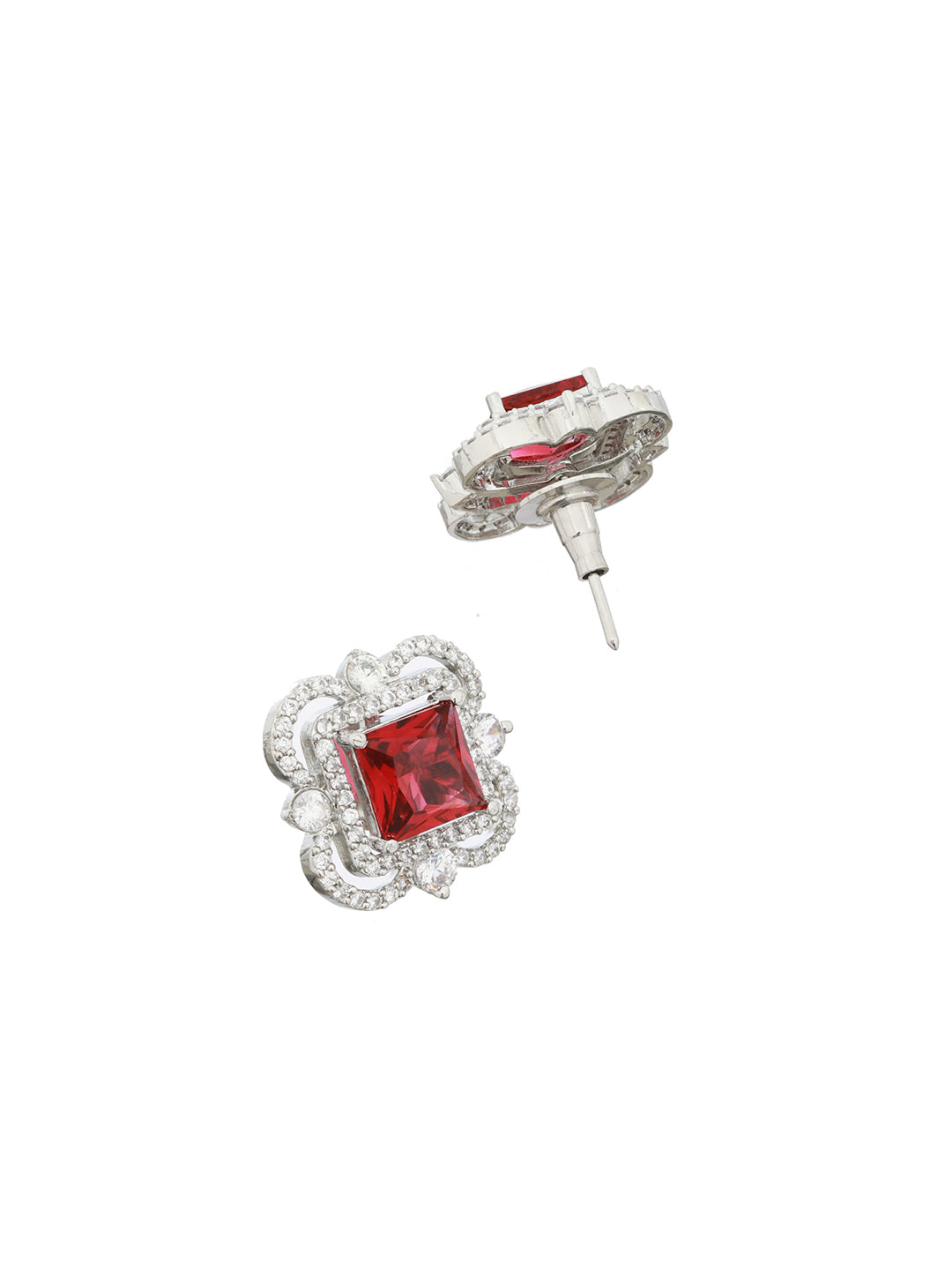 Silver Plated Red AD Studded Minimal Studs Earrings