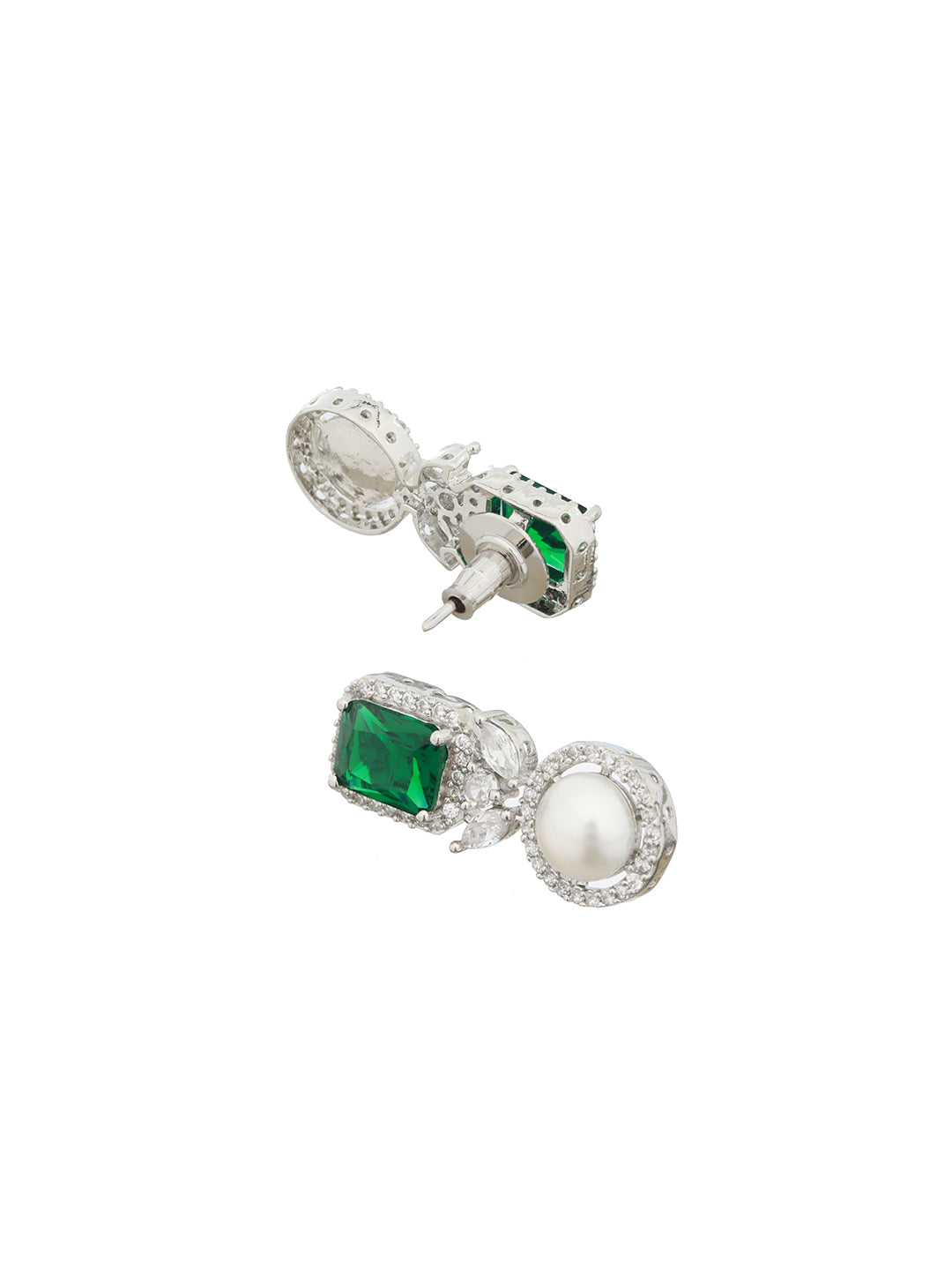 Silver Plated Green CZ Studded Pearl Beaded Minimal Locket jewellery Set