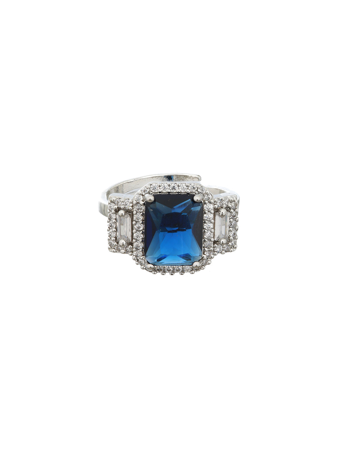 Silver Plated Blue CZ Studded Statement Finger Ring