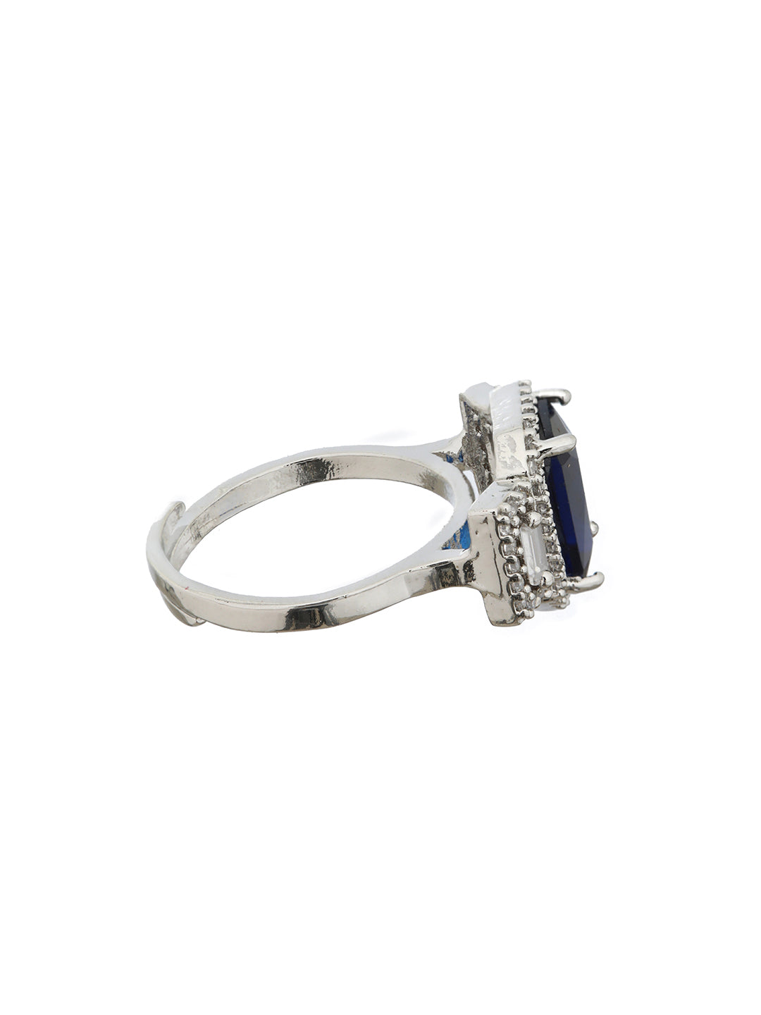 Silver Plated Blue CZ Studded Statement Finger Ring