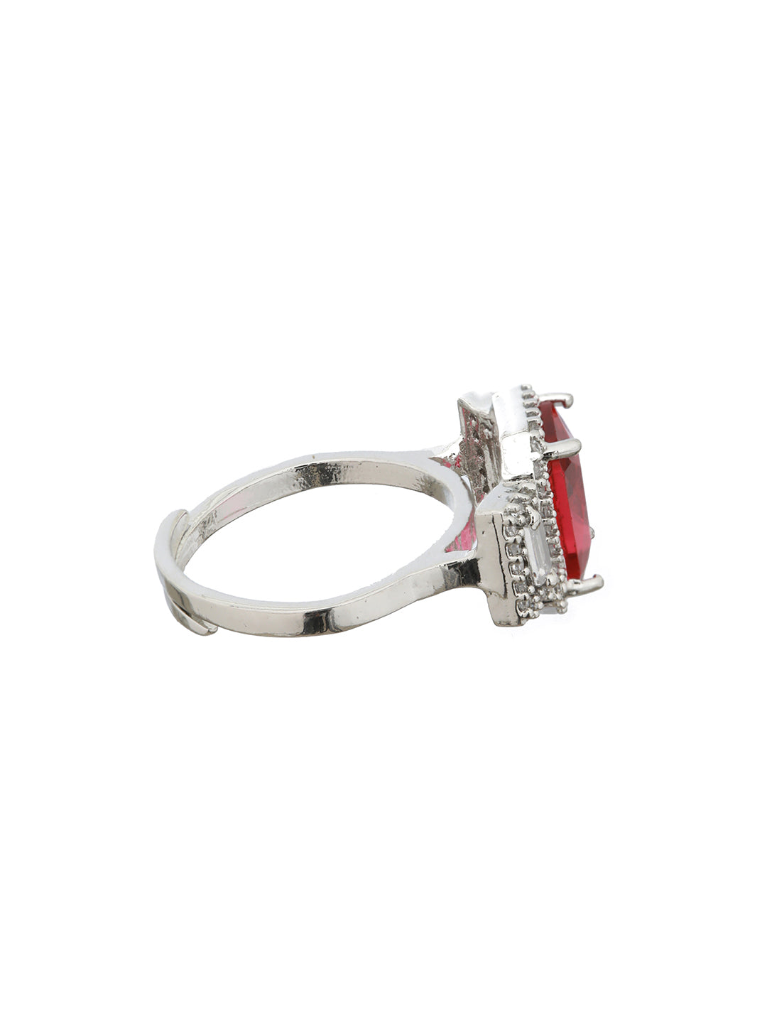Silver Plated Red AD Studded Minimal Engagement Finger Ring