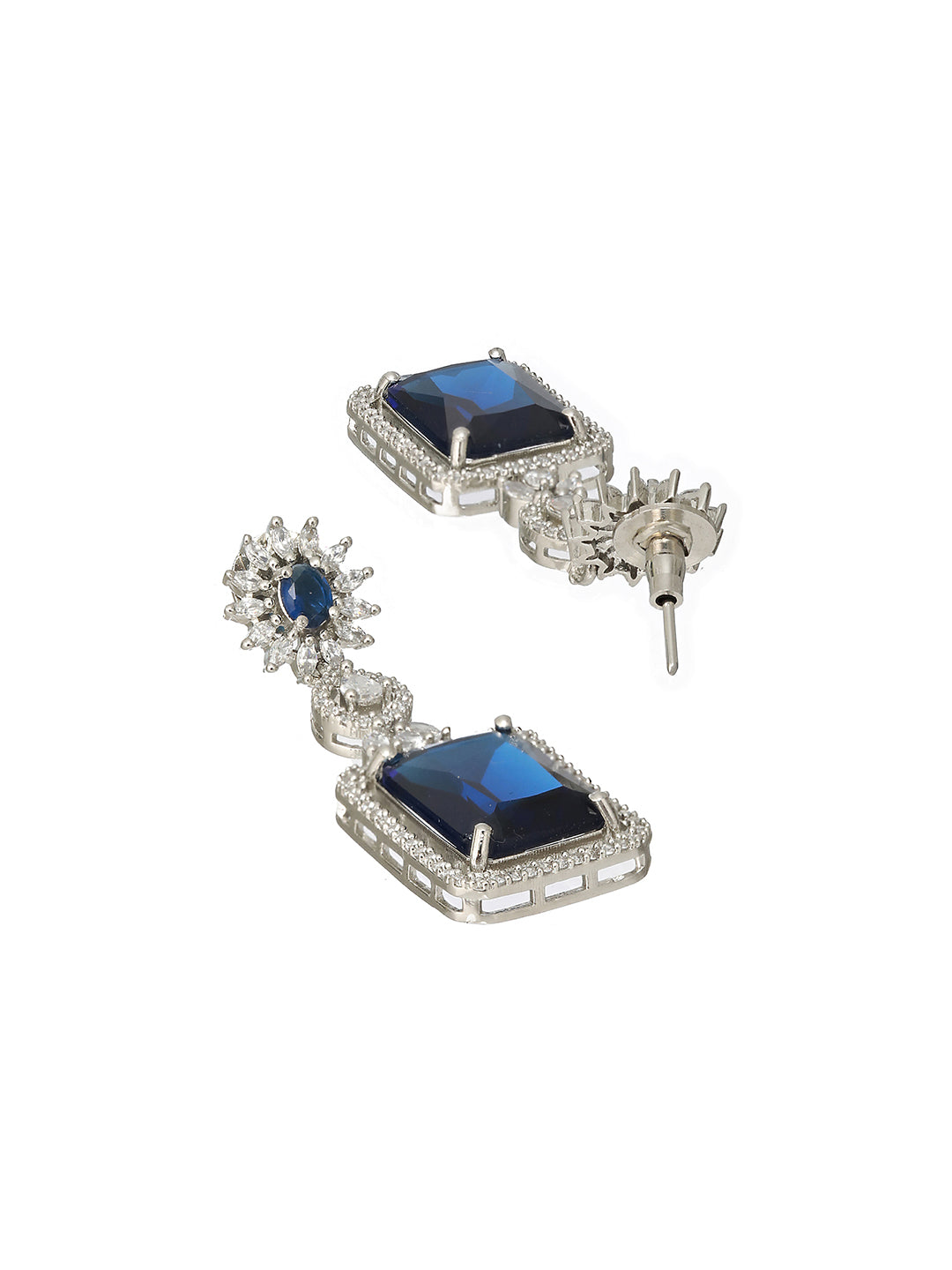 Silver Plated Blue CZ Studded Statement Floral Necklace Jewellery Set