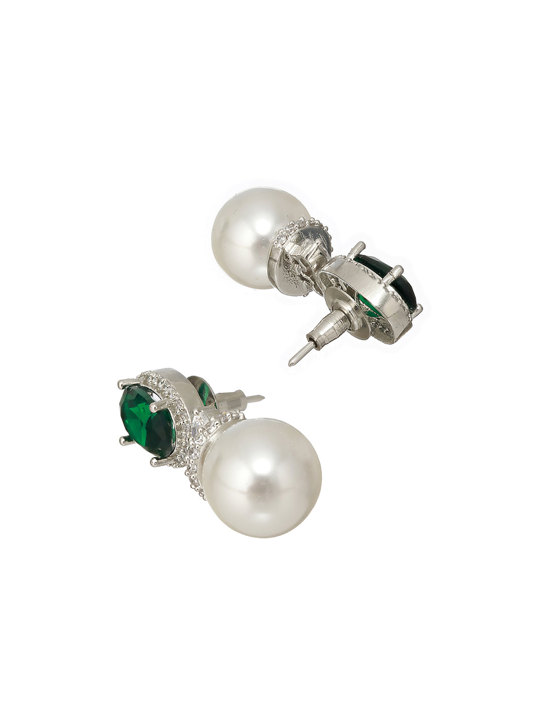 Silver Plated Green CZ Pearl Beaded Minimal Earring