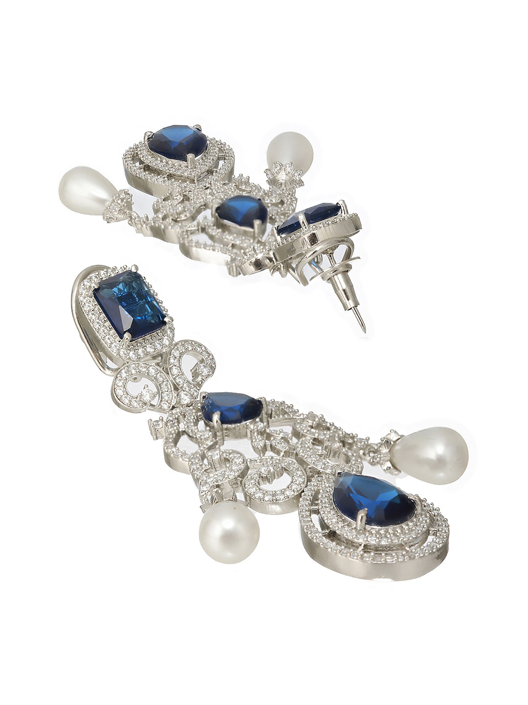 Silver Toned Blue CZ Studded Pearl Beaded Statement Chandelier Earrings