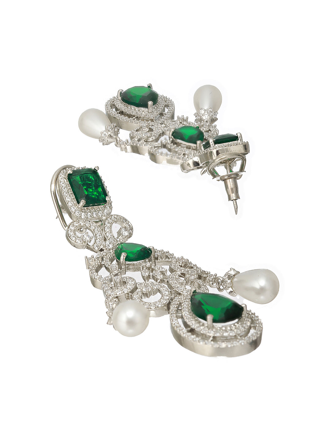 Silver Toned Green  Zircon Pearl Beaded Statement Chandelier Earrings