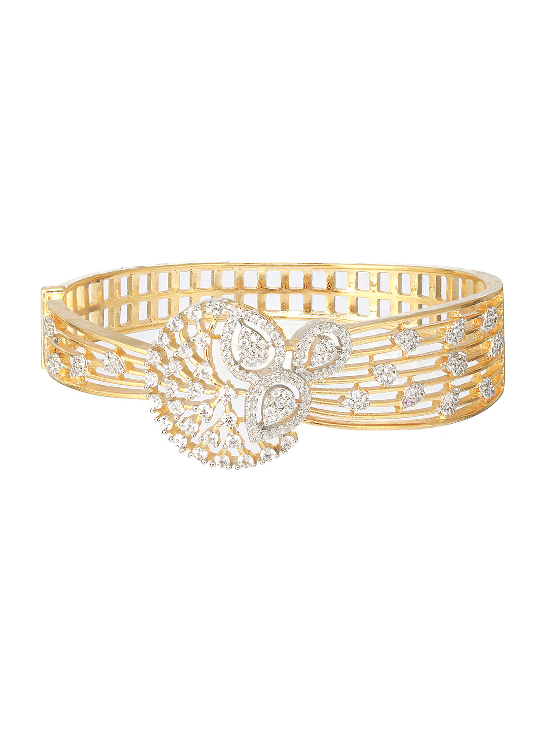 Gold Plated White Zircon Embellished Floral Statement Bangle Bracelet