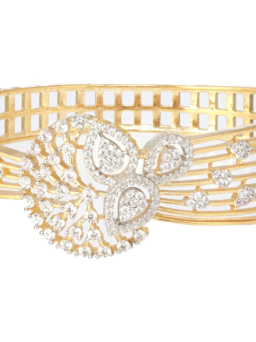 Gold Plated White Zircon Embellished Floral Statement Bangle Bracelet
