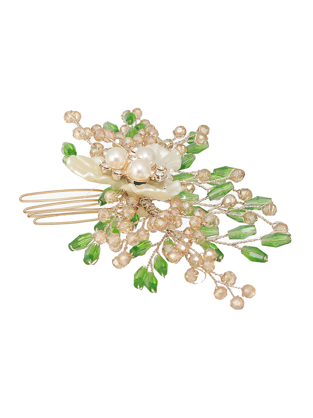 Gold Toned Mother Of Pearl Embellished Green  Hair Comb  Pin
