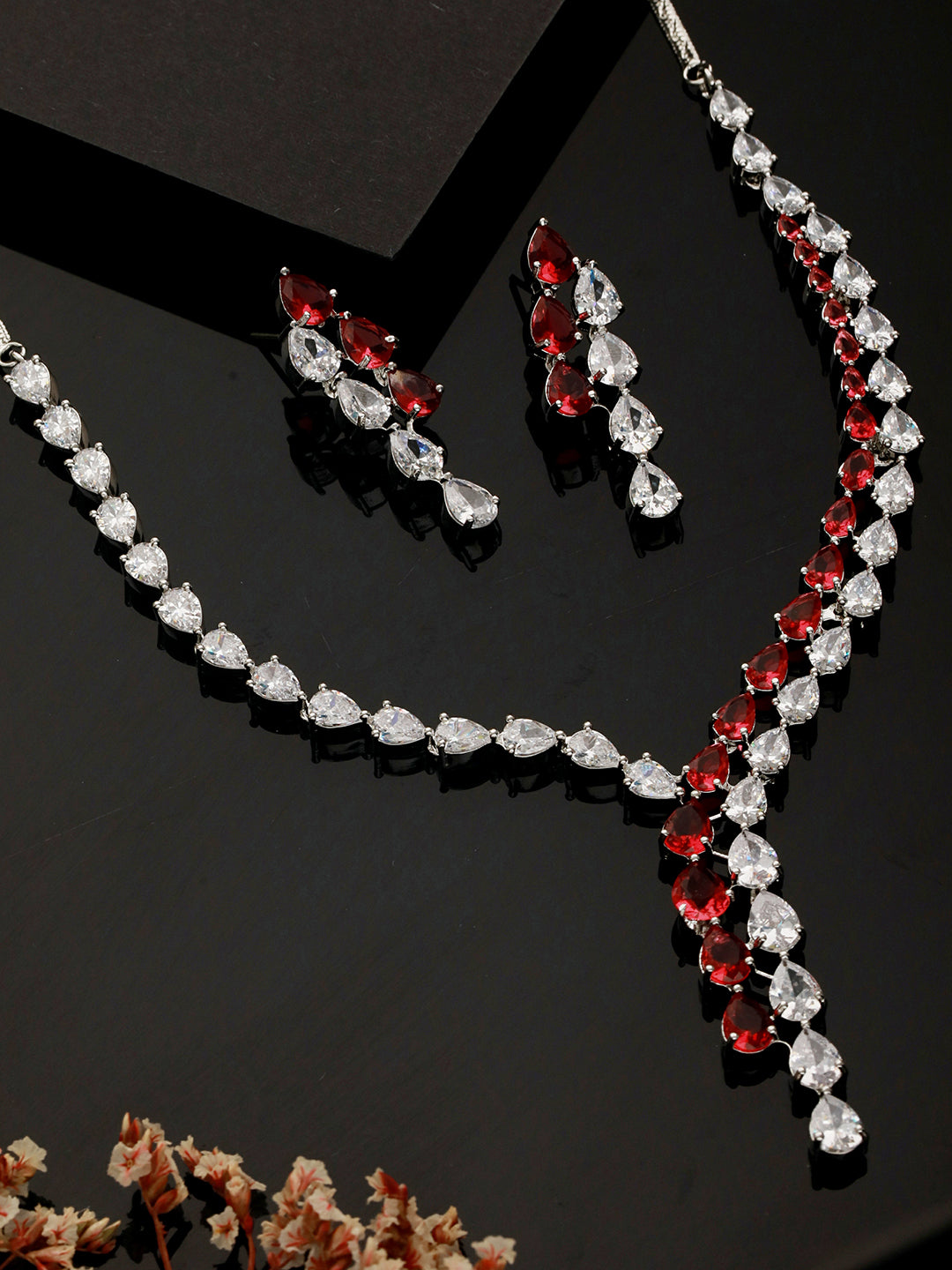 Silver Toned Red  CZ Statement Designer Necklace Jewellery Set