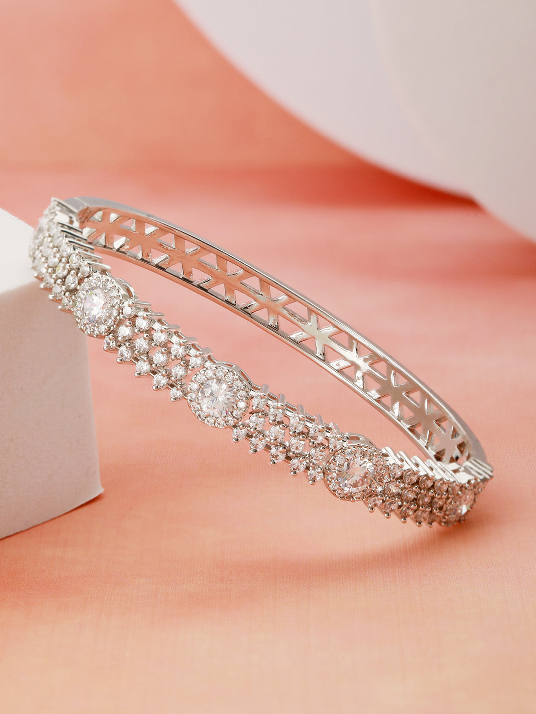 Silver Plated Zircon Studded Luxe Bangle  Bracelet
