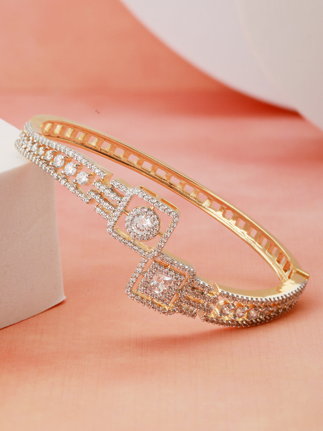 Gold plated White Zircon Studded Statement Bangle  Bracelet