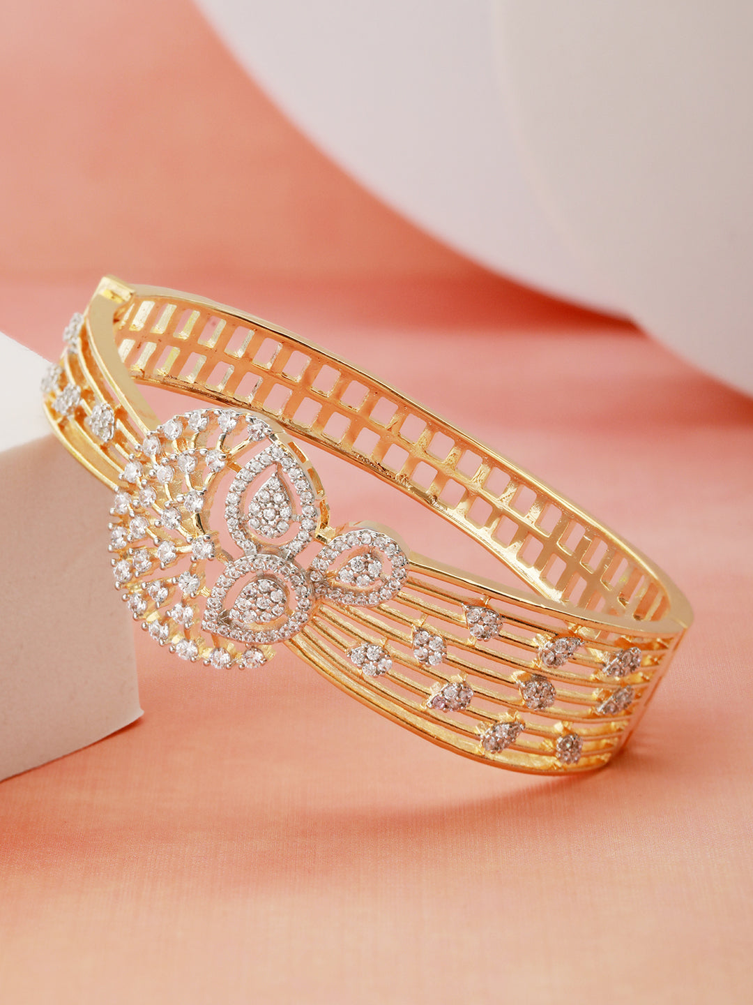 Gold Plated White Zircon Embellished Floral Statement Bangle Bracelet