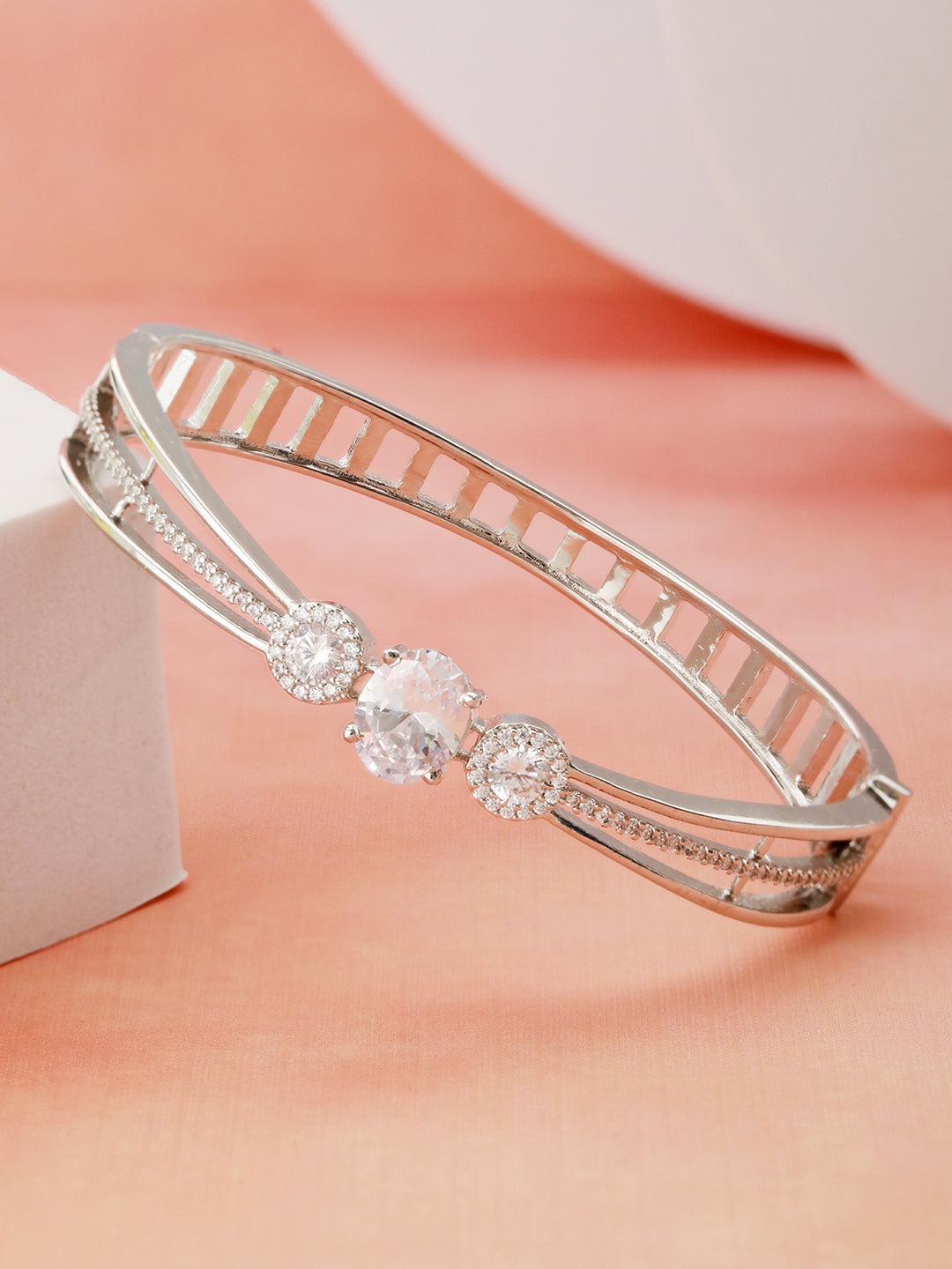 Silver plated White Zircon Studded Minimal Kada Bracelet