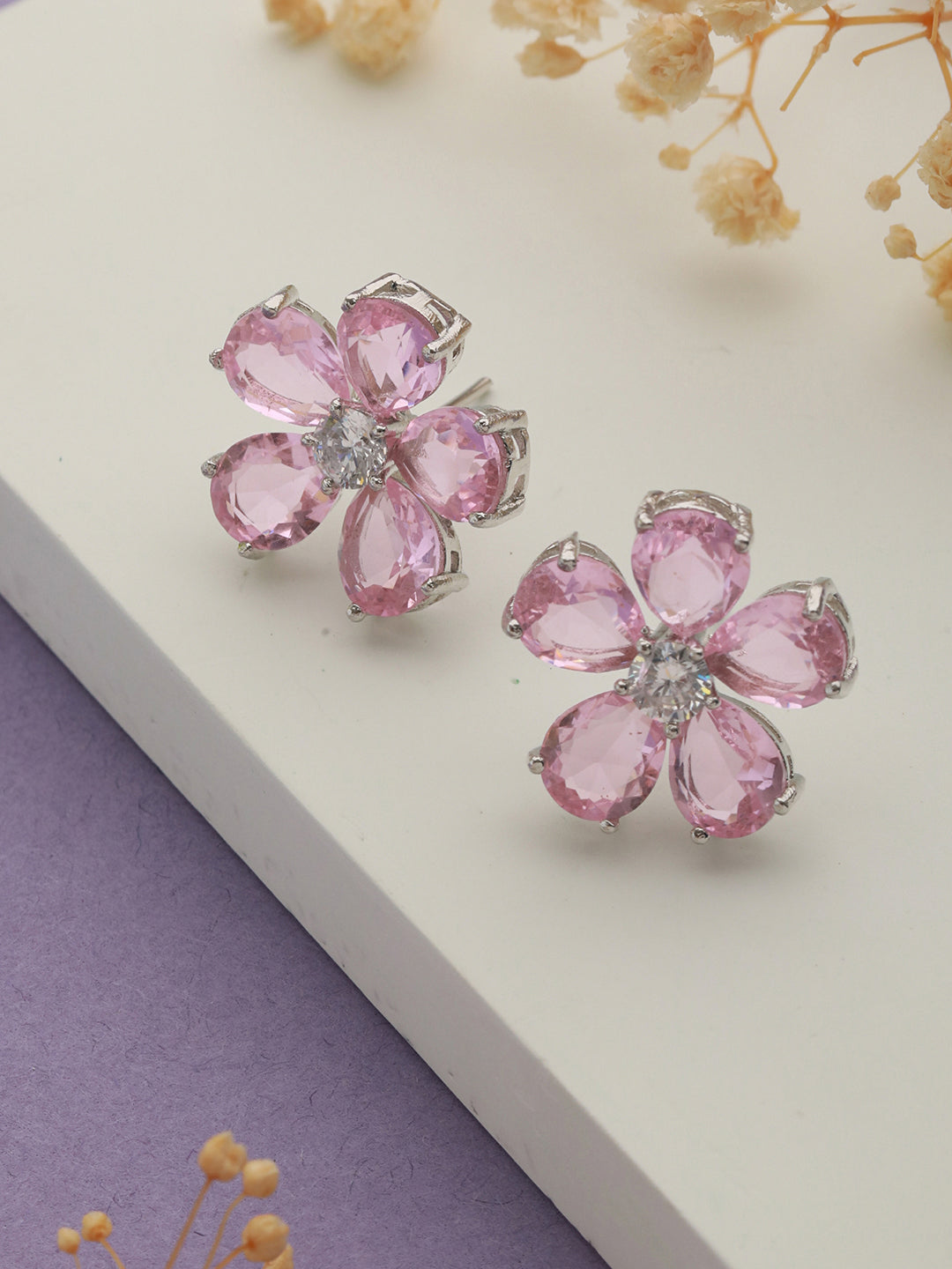 Pink  Zircon Floral Minimal Studds Earrings