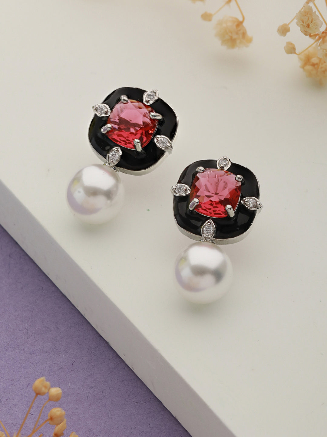 Red AD & Pearl Beaded Minimal Statement Studds Earring