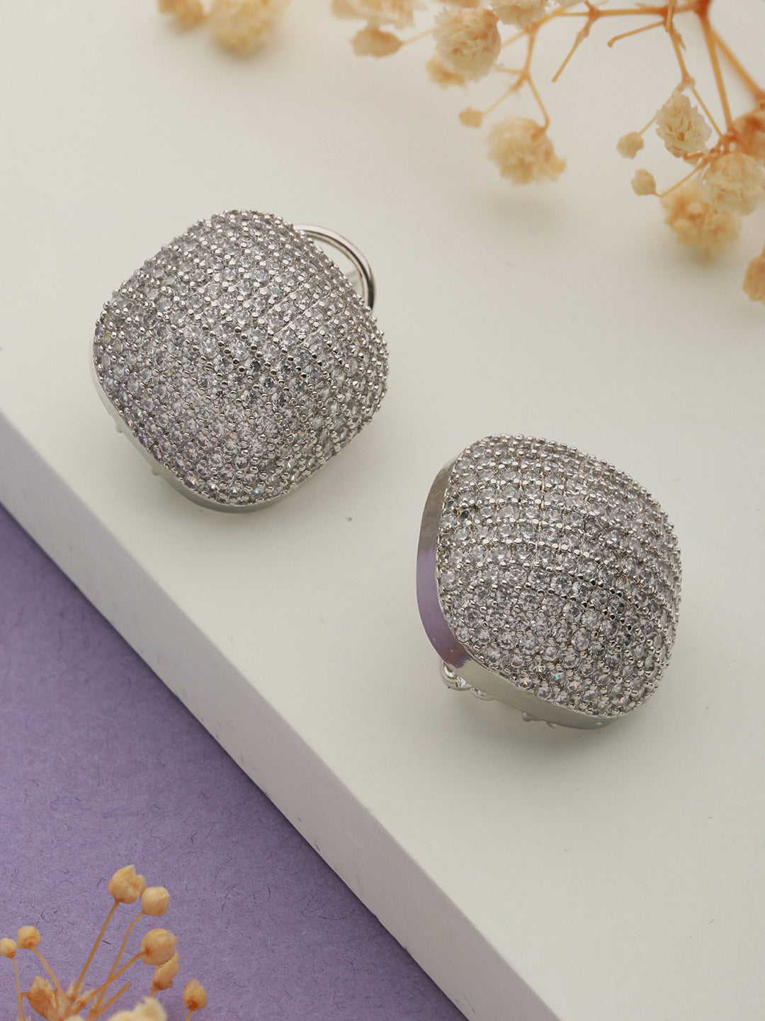 White Rhodium Zircon  Square Studds Earring