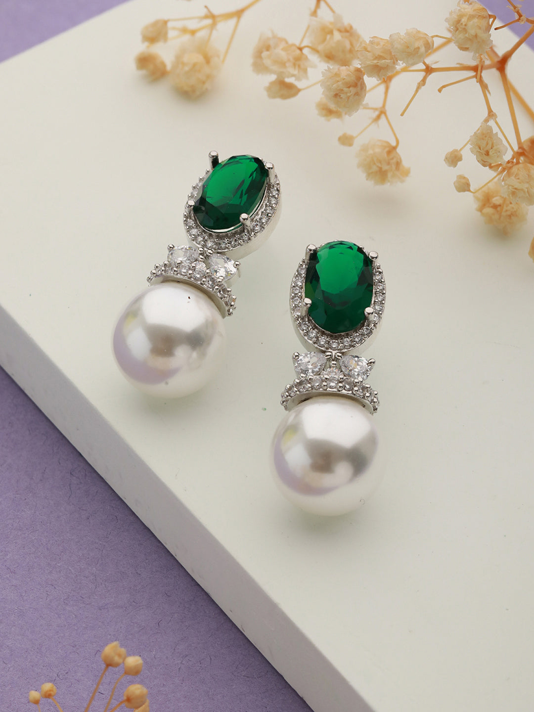 Silver Plated Green CZ Pearl Beaded Minimal Earring