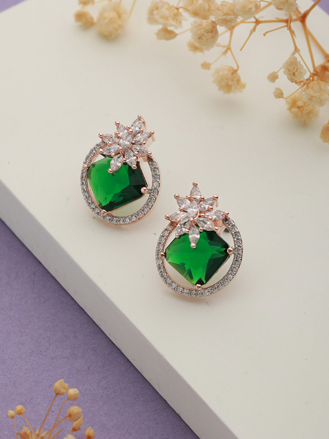 Rose Gold Plated Green AD Stuuded Minimal Studds Earring