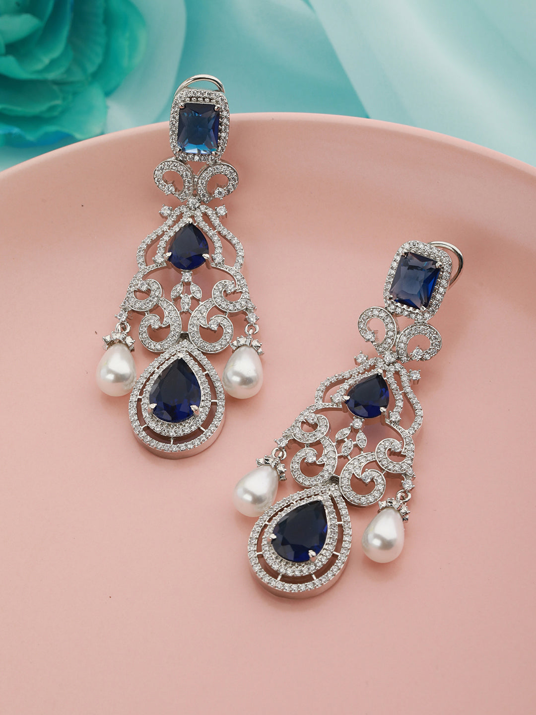Silver Toned Blue CZ Studded Pearl Beaded Statement Chandelier Earrings