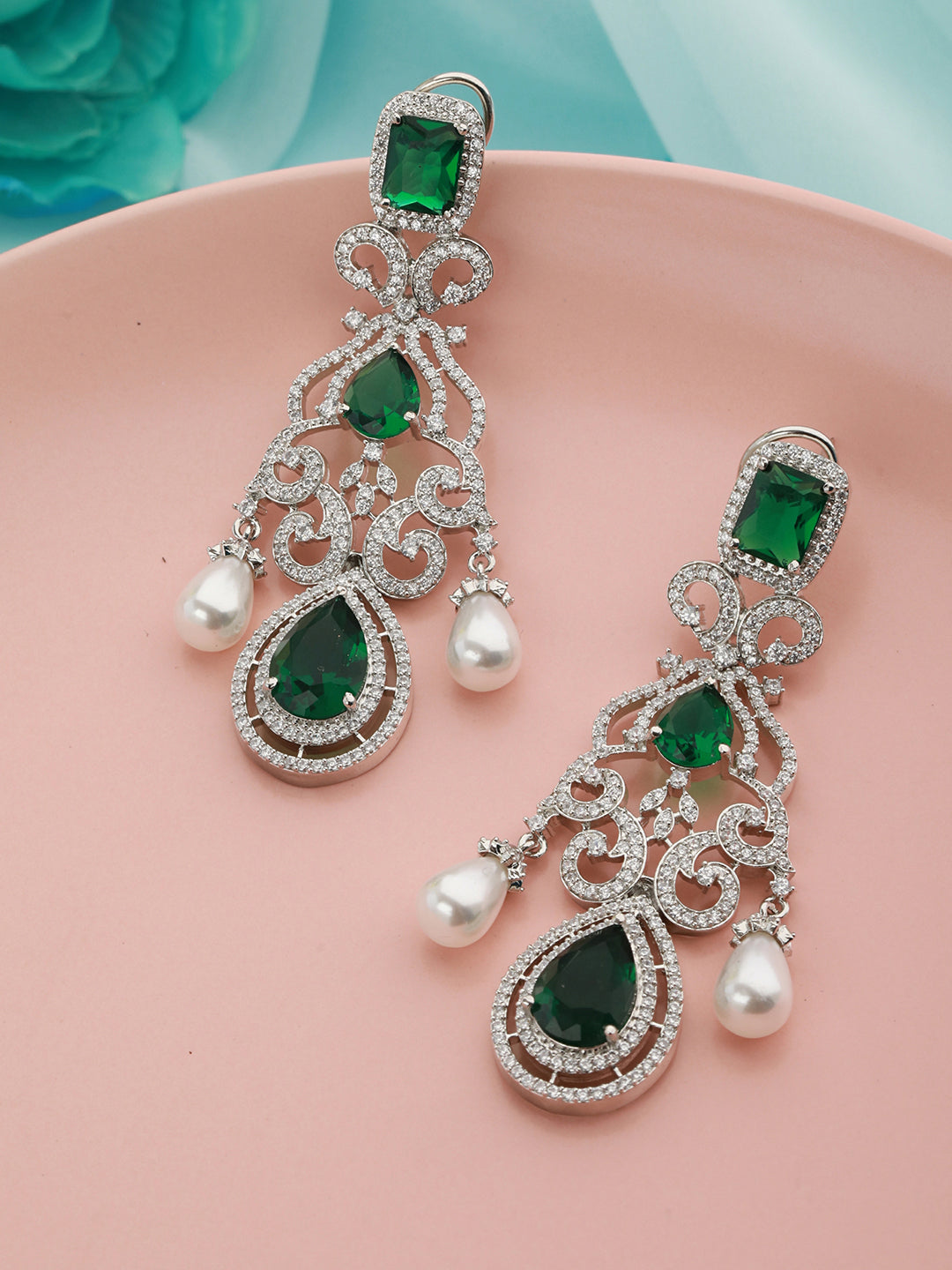 Silver Toned Green  Zircon Pearl Beaded Statement Chandelier Earrings