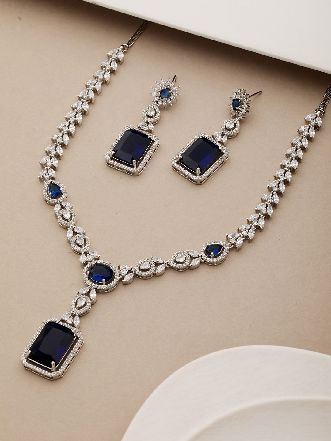 Silver Plated Blue CZ Studded Statement Floral Necklace Jewellery Set