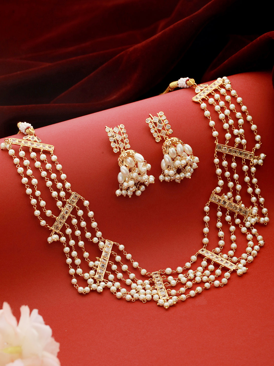 Gold Toned Pearl Beaded Minimal Choker Jewellery  Set
