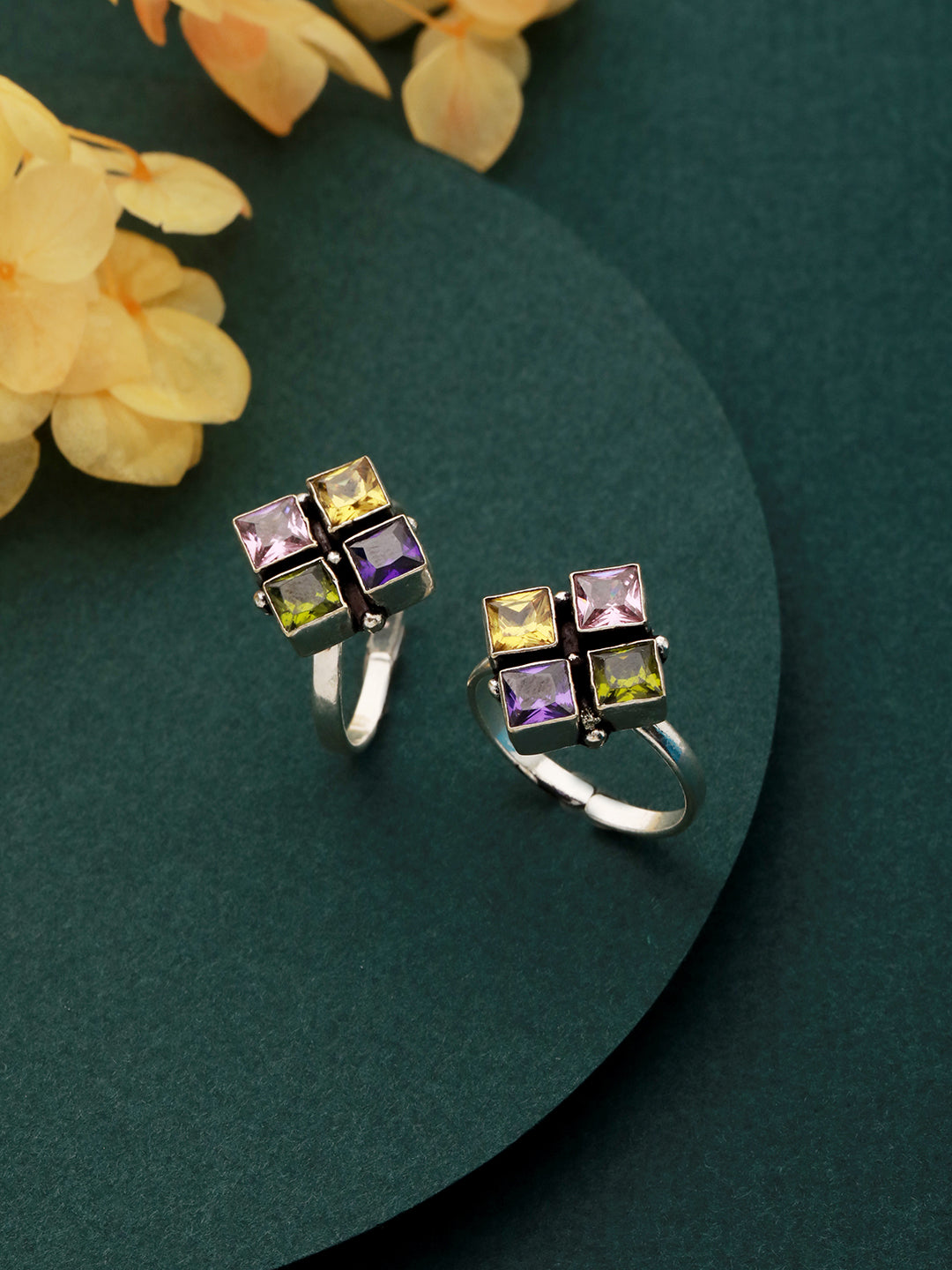 Silver Plated Multi Stone square  Toe Ring