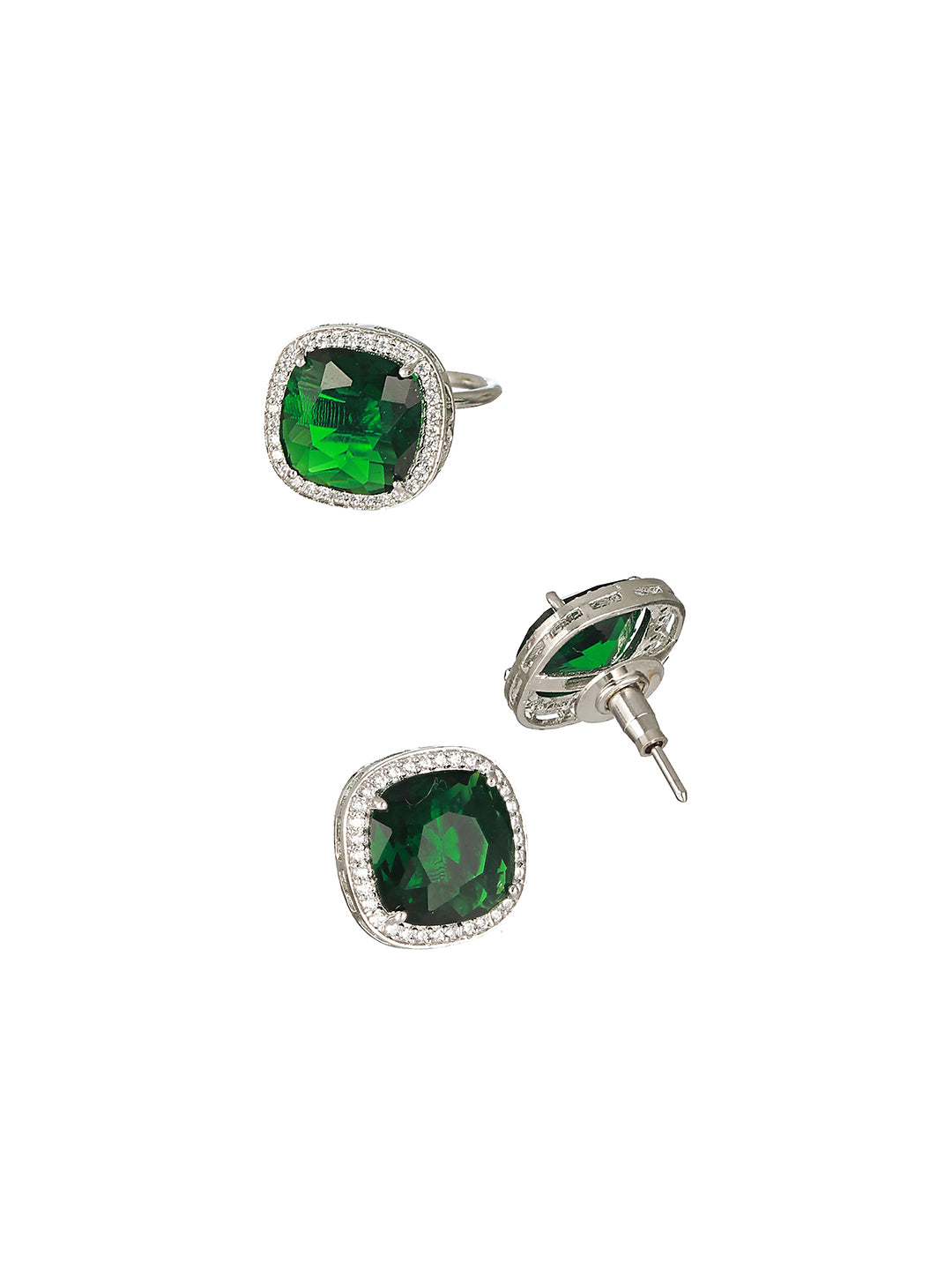Silver Plated Green CZ Studded Combo Ring Jewellery  Set