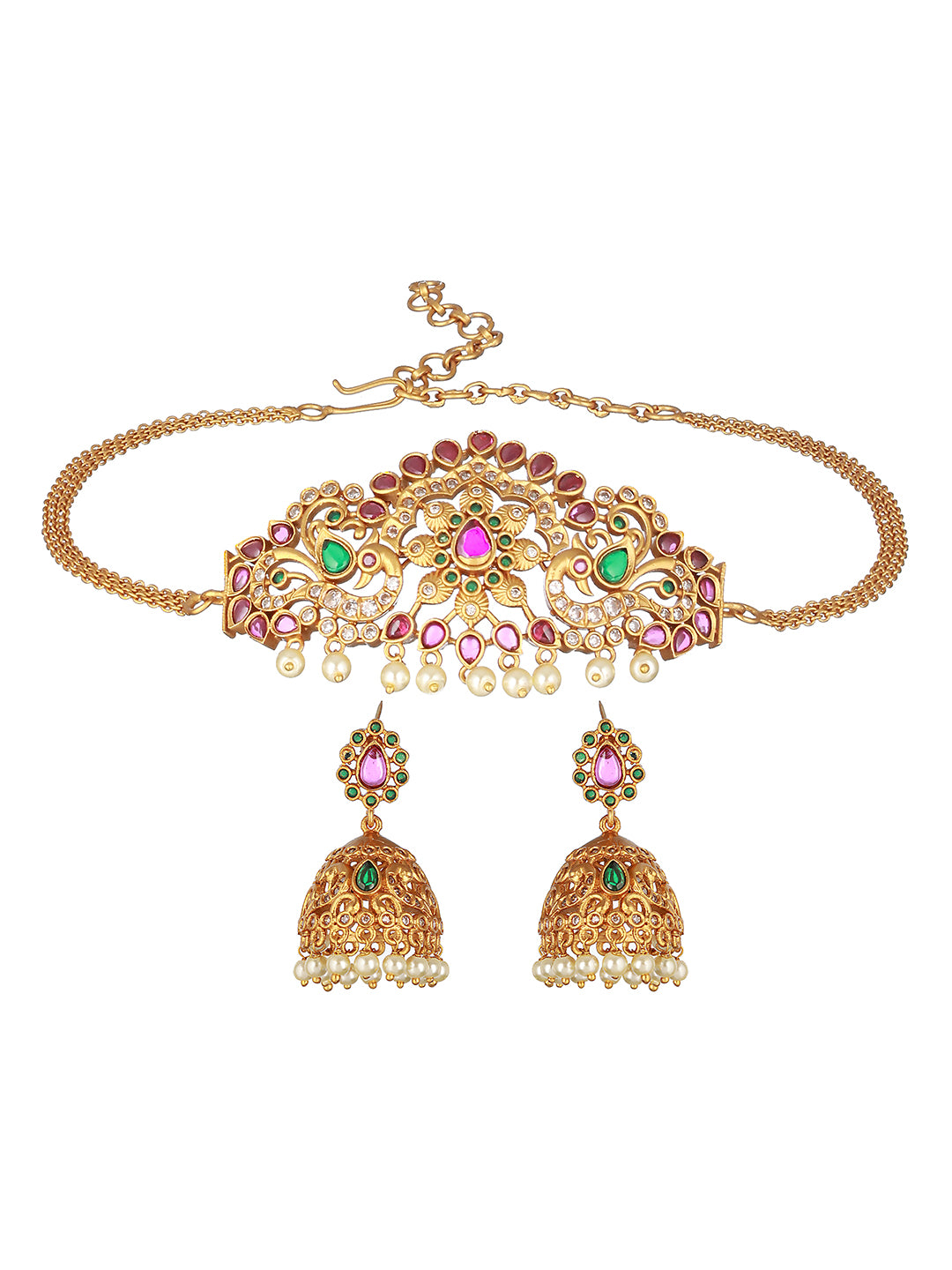Gold plated Zircon  Studded Peacock Motif  Choker  Jewellery Set